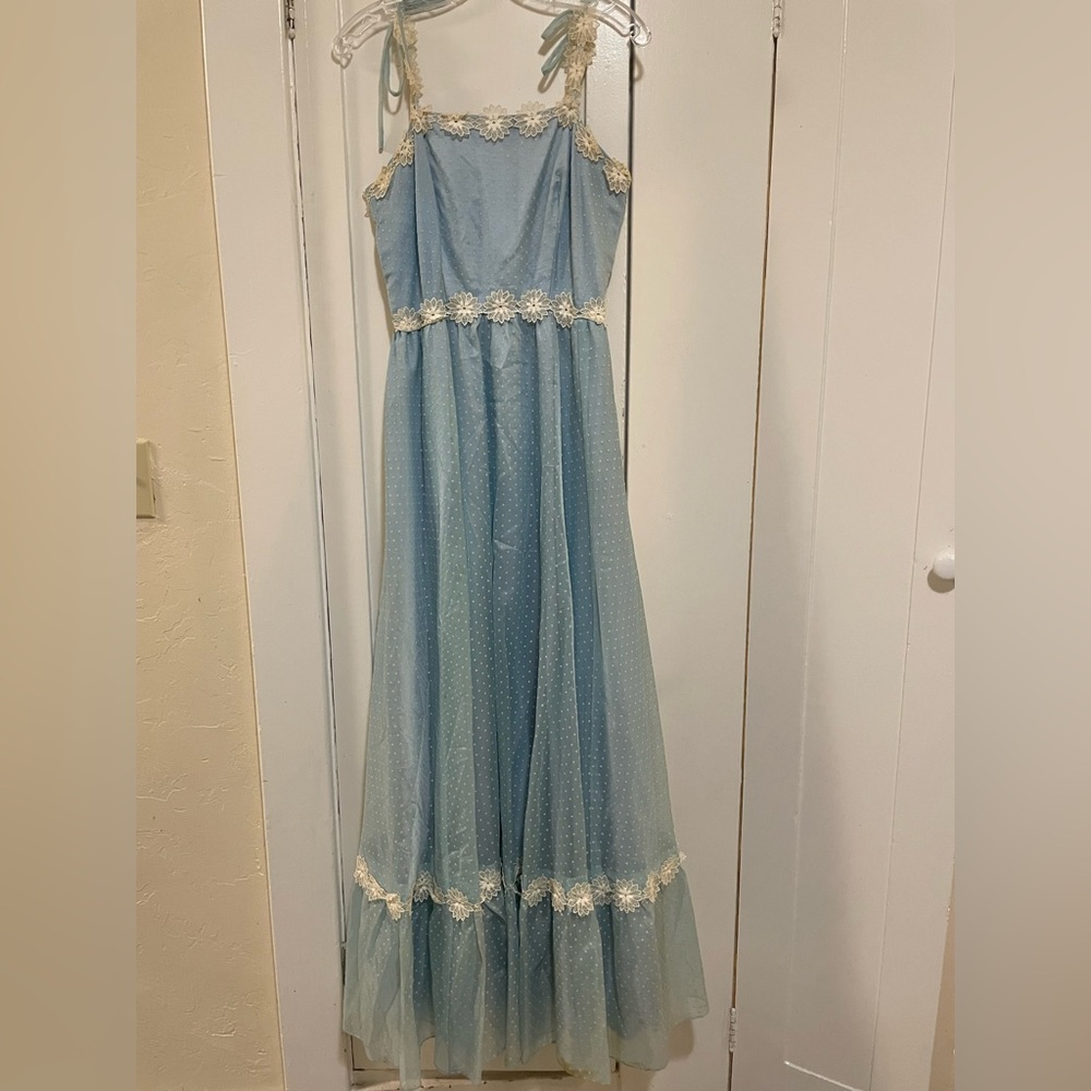 Vintage 1970 Elegant Blue polka dots  Maxi Dress with flower Lace Trim size 10